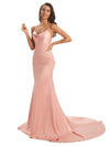 Elegant Soft Satin Spaghetti Straps Cowl Floor-Length Mermaid Prom Dresses Online
