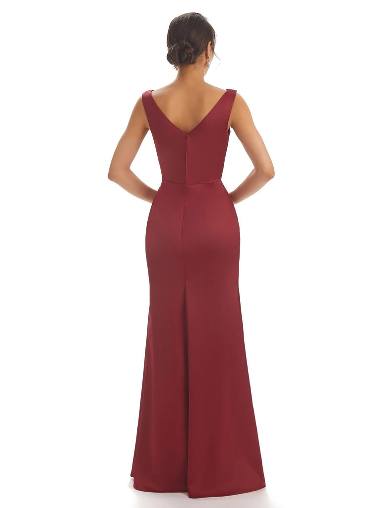 Sexy Simple V-neck Mermaid Satin Long Bridesmaid Dresses Online UK