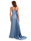 Sexy Side Slit Mermaid Satin Cowl Spaghetti Straps Unique Long Gowns For Wedding Guest