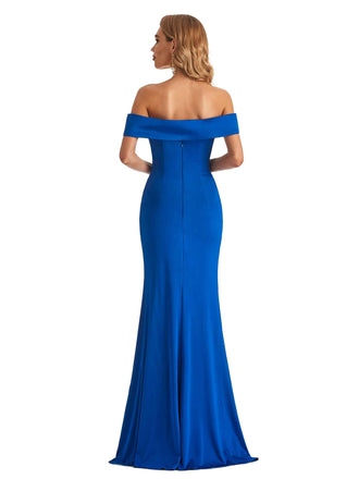 Sexy Mermaid Off Shoulder Side Slit Stretchy Jersey Long Bridesmaid Dresses