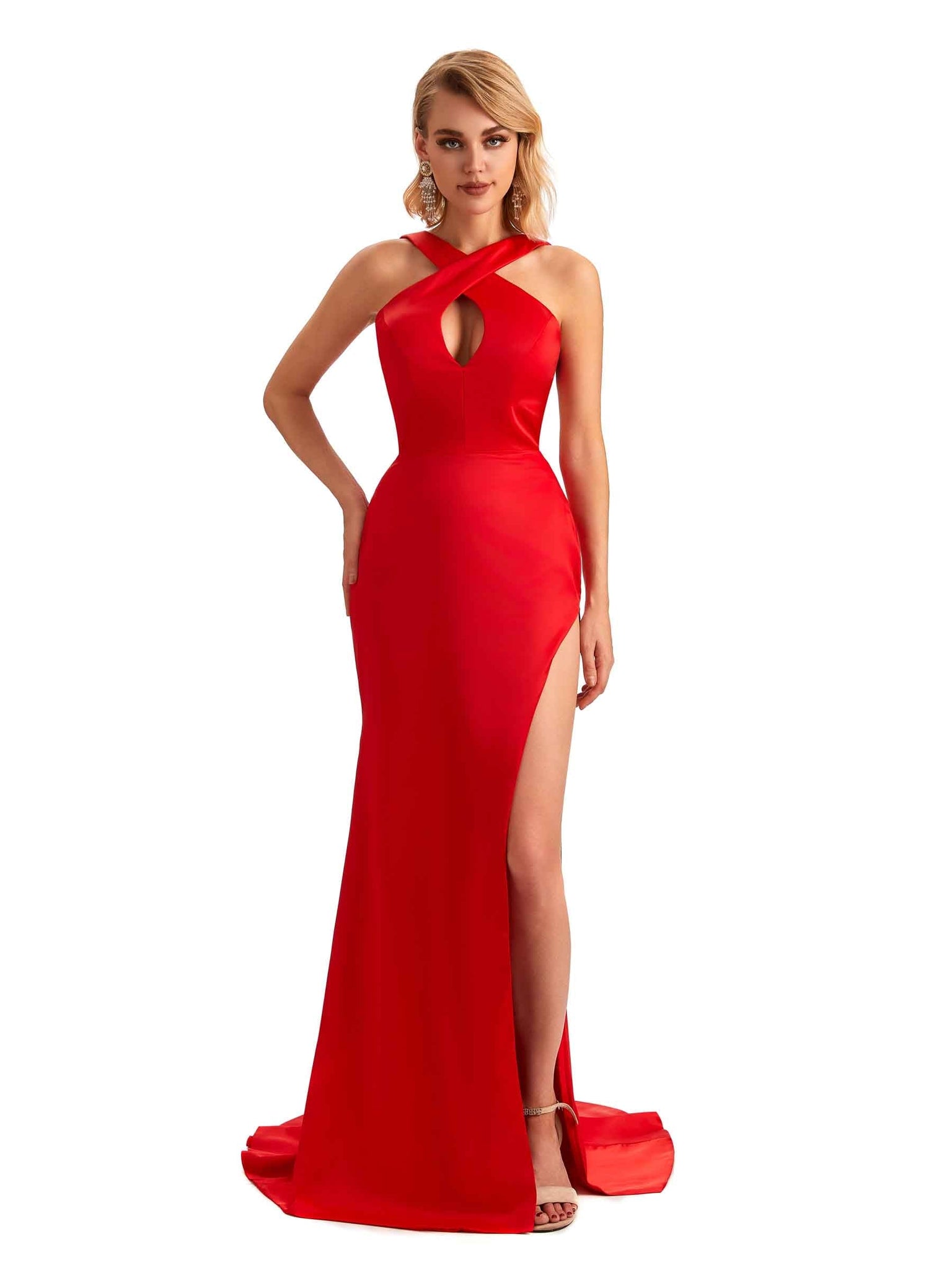 Sexy Side Slit Halter Mermaid Silky Satin Long Formal Wedding Bridesmaid Dresses UK