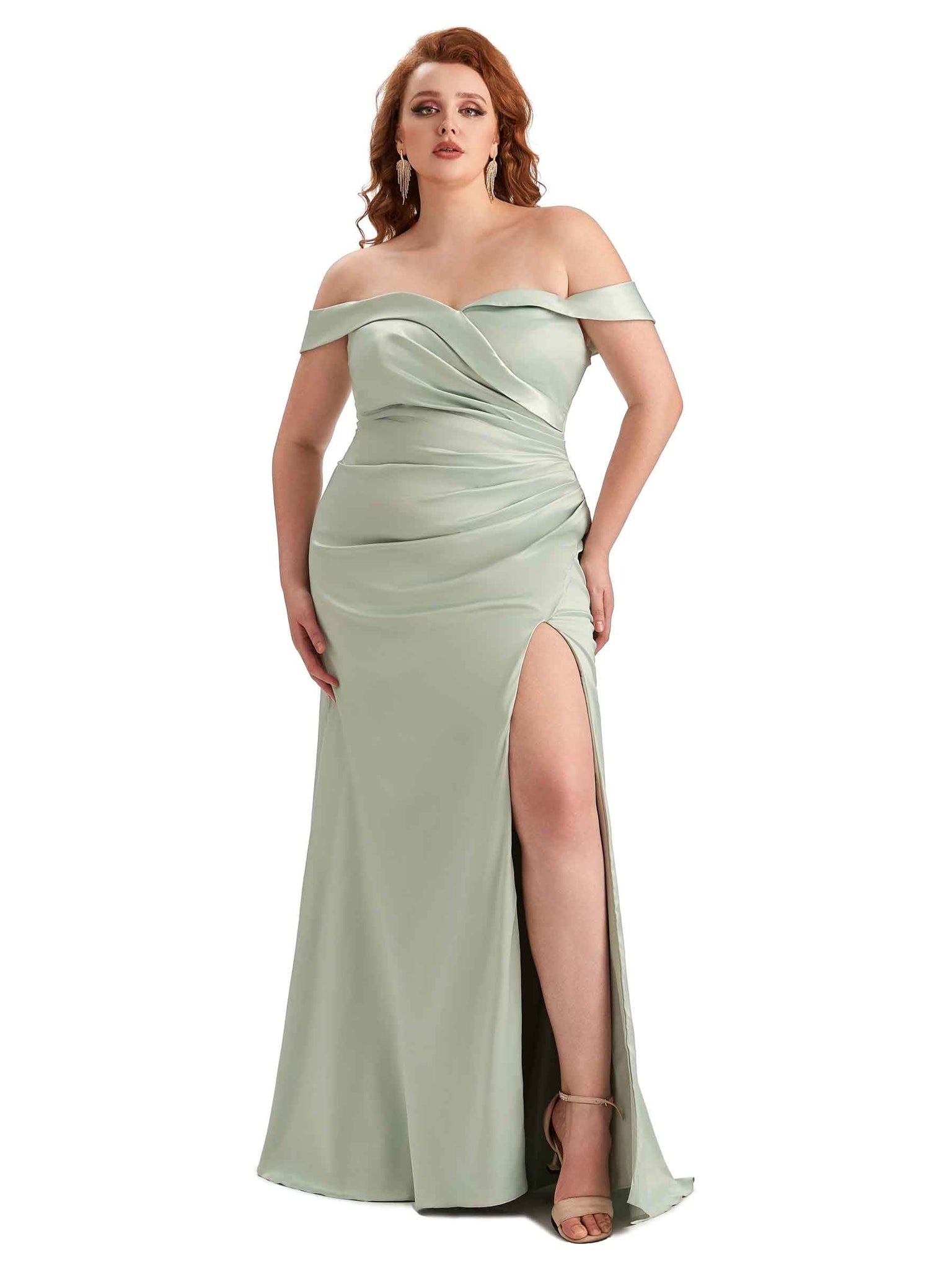 Sexy Side Slit Off The Shoulder Mermaid Soft Satin Long Plus Size Bridesmaid Gowns UK