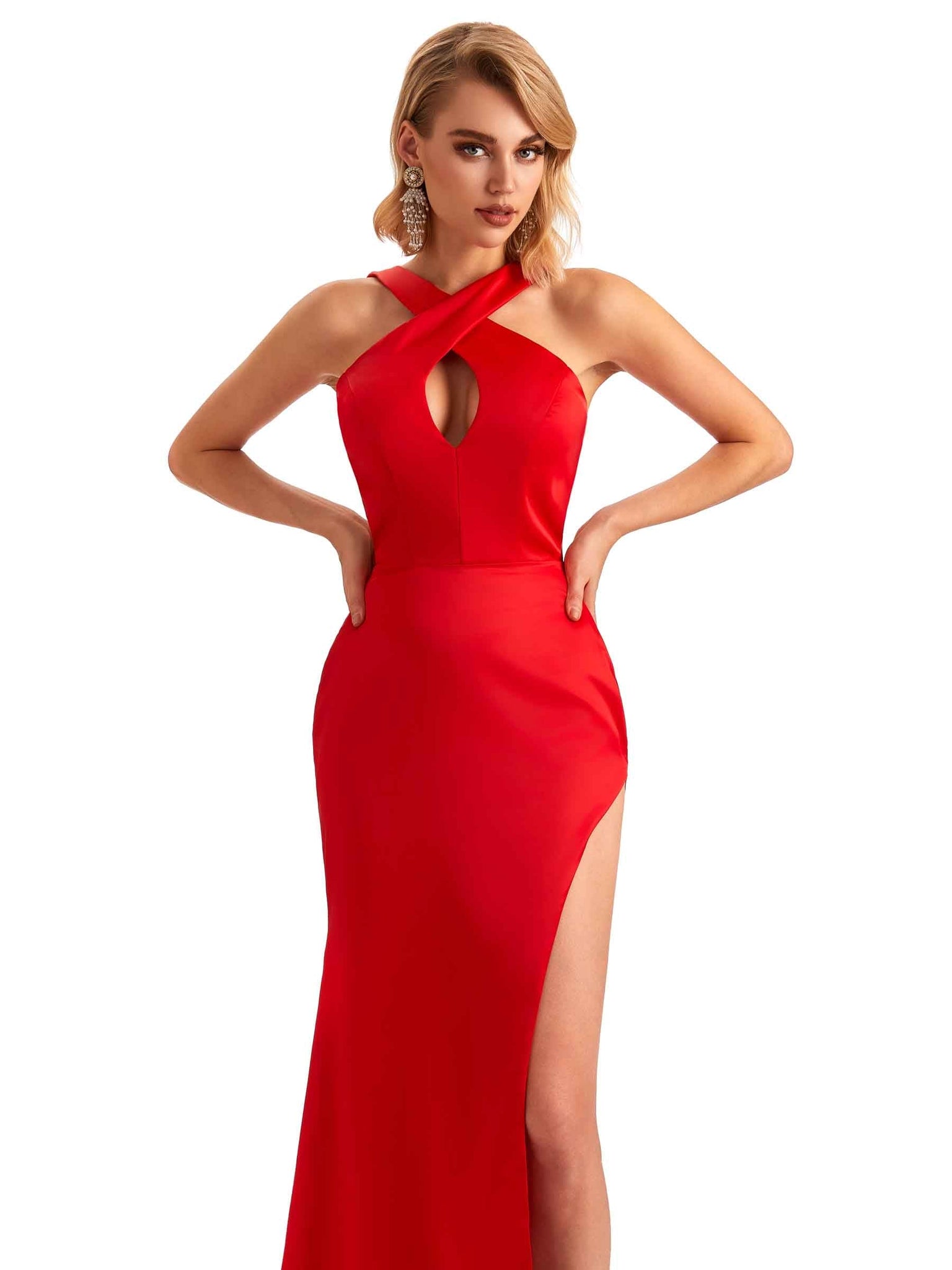 Sexy Side Slit Halter Mermaid Silky Satin Long Formal Wedding Bridesmaid Dresses UK