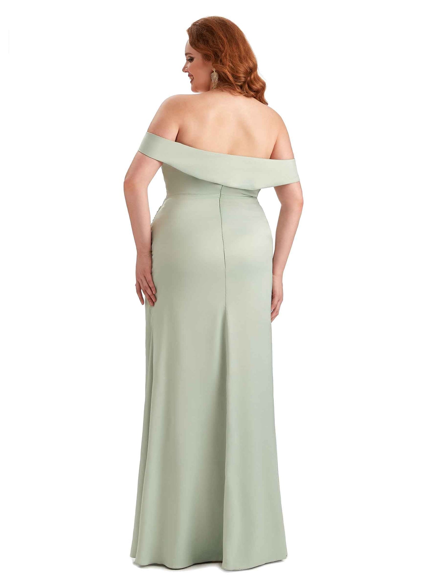 Sexy Side Slit Off The Shoulder Mermaid Soft Satin Long Plus Size Bridesmaid Gowns UK