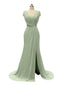 V Neck Chiffon Long Side Slit Modern Bridesmaid Dresses Online