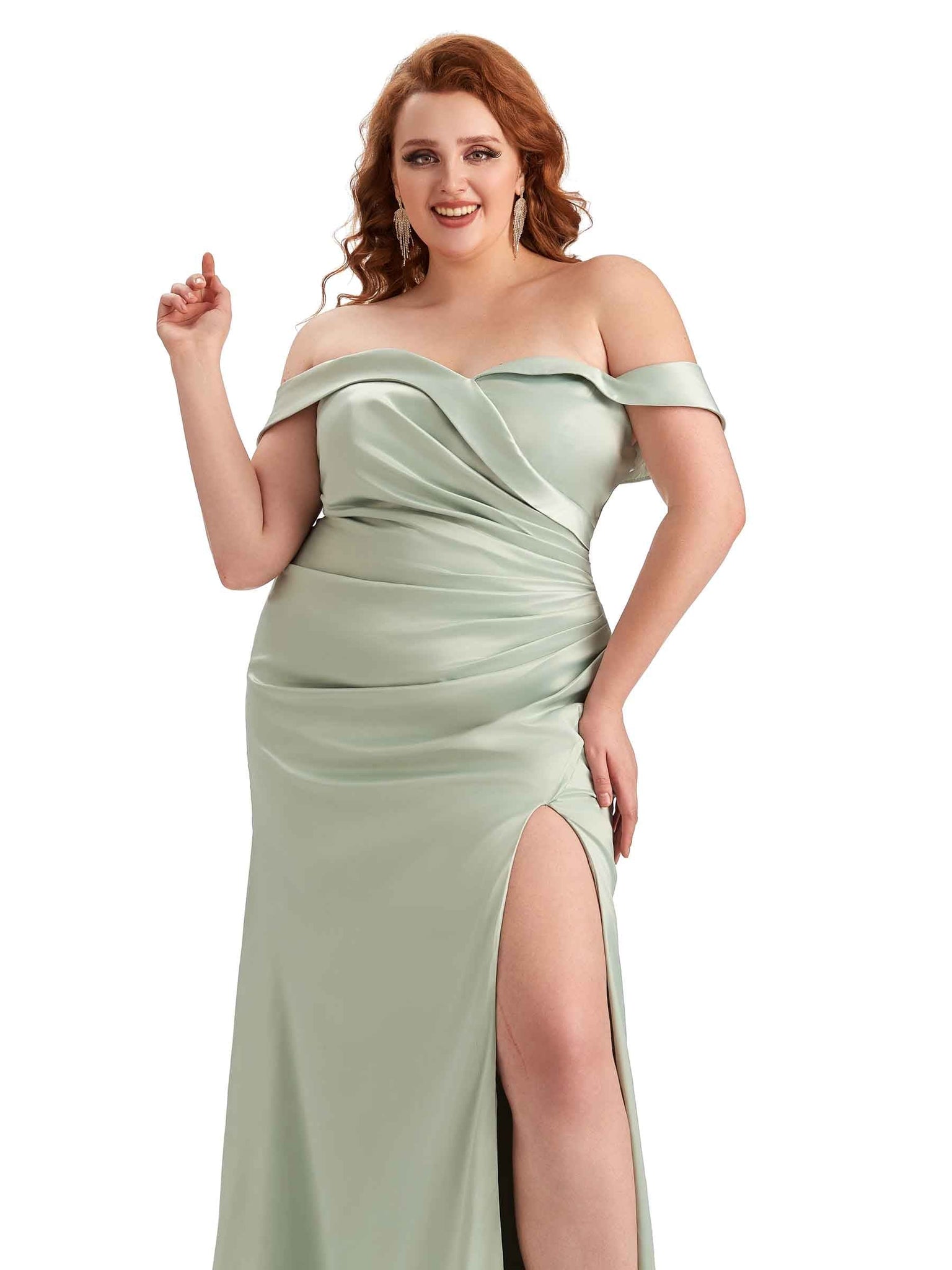 Sexy Side Slit Off The Shoulder Mermaid Soft Satin Long Plus Size Bridesmaid Gowns UK
