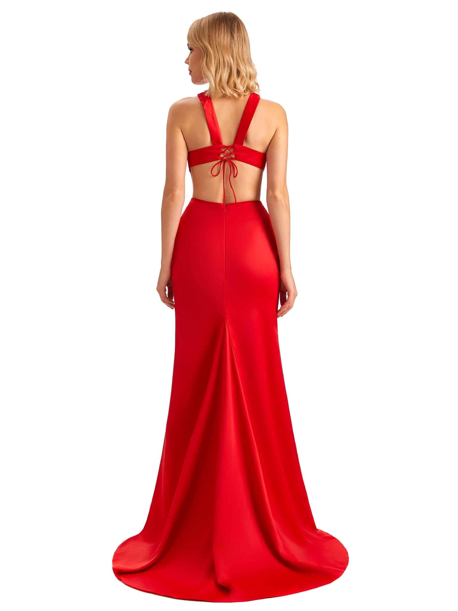 Sexy Side Slit Halter Mermaid Silky Satin Long Formal Wedding Bridesmaid Dresses UK