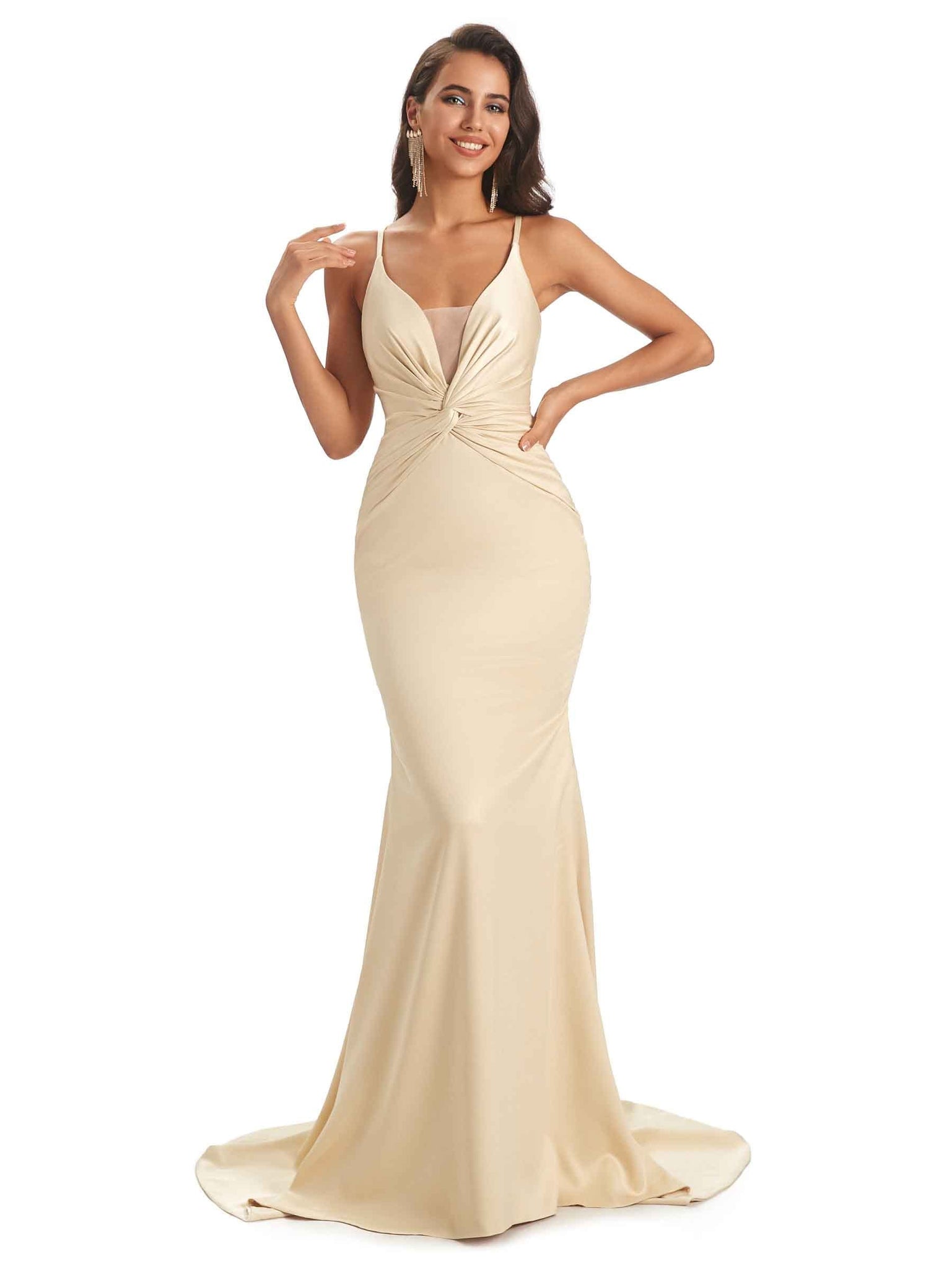 Sexy Silky Satin Side Slit Spaghetti Straps Criss Cross Mermaid Bridesmaid Dresses UK