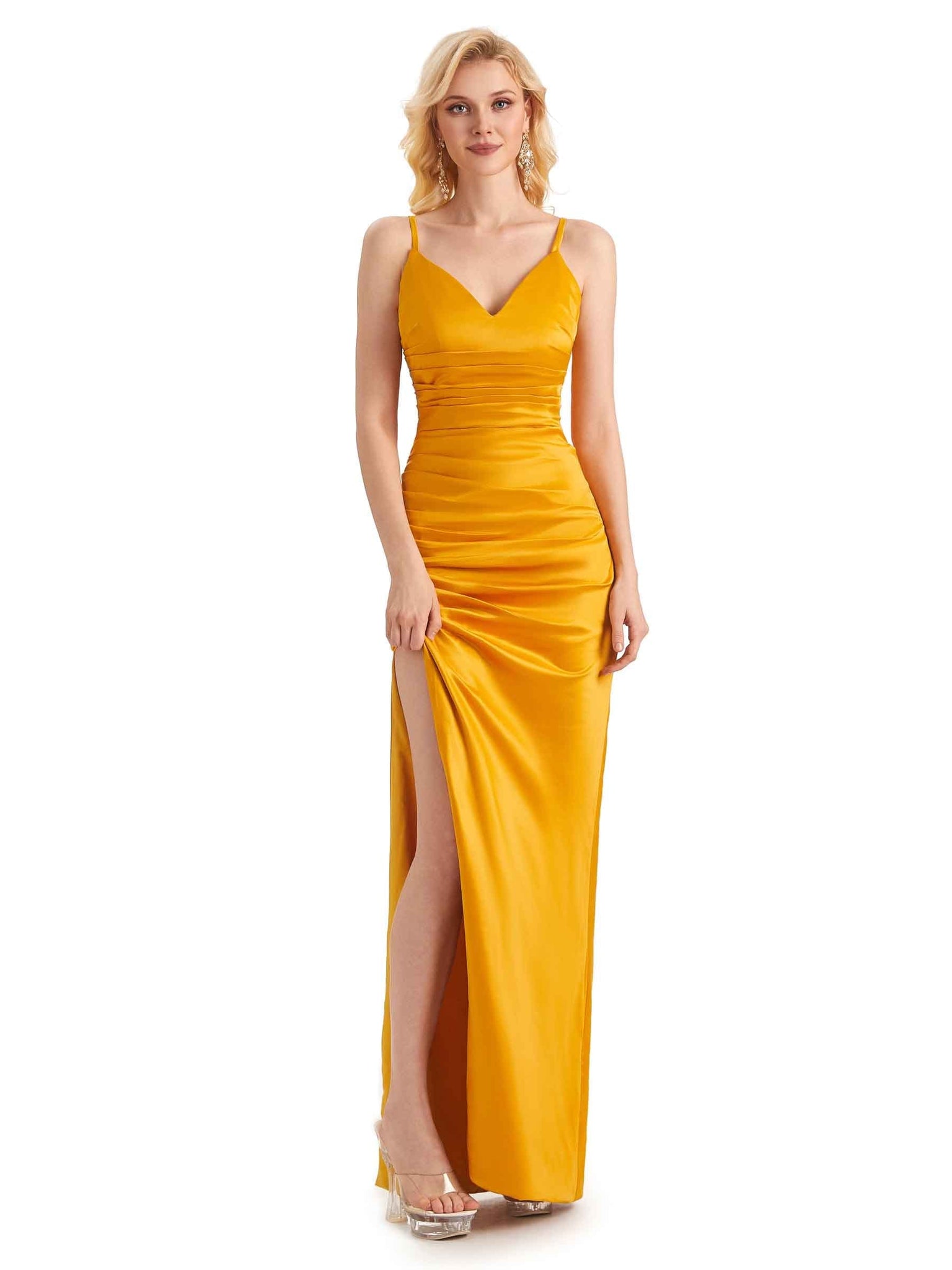 Sexy Spaghetti Straps Side Slit Silky Satin Long Mermaid Bridesmaid Dresses UK