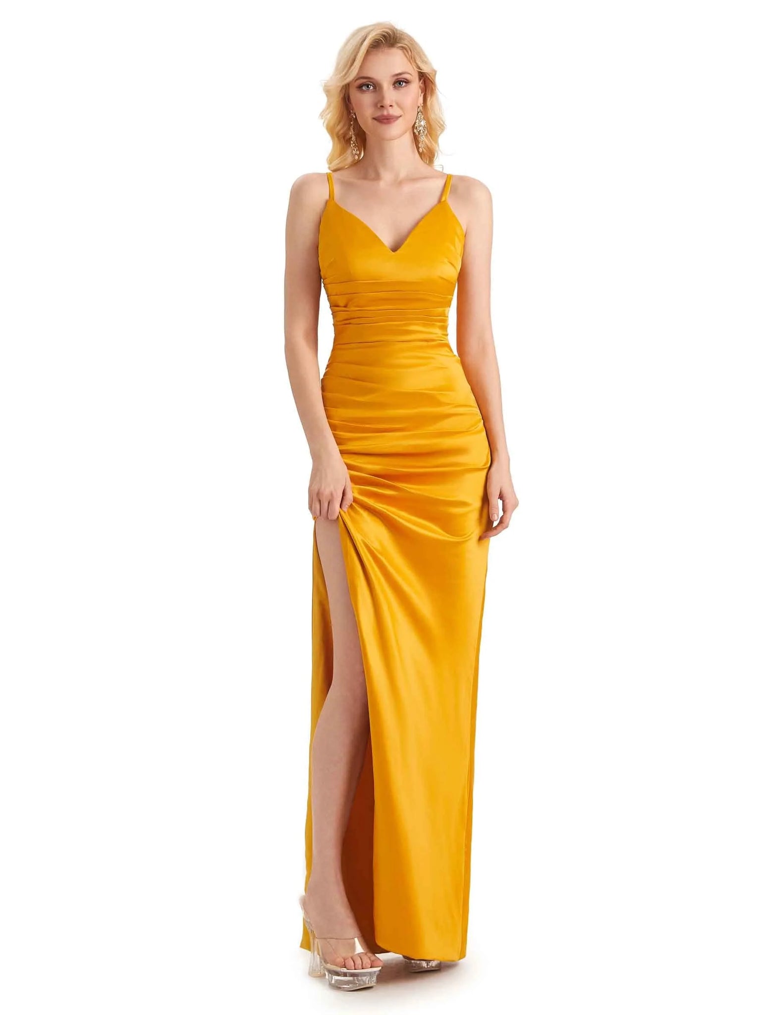 Sexy Spaghetti Straps Side Slit Soft Satin Long Mermaid Prom Dresses