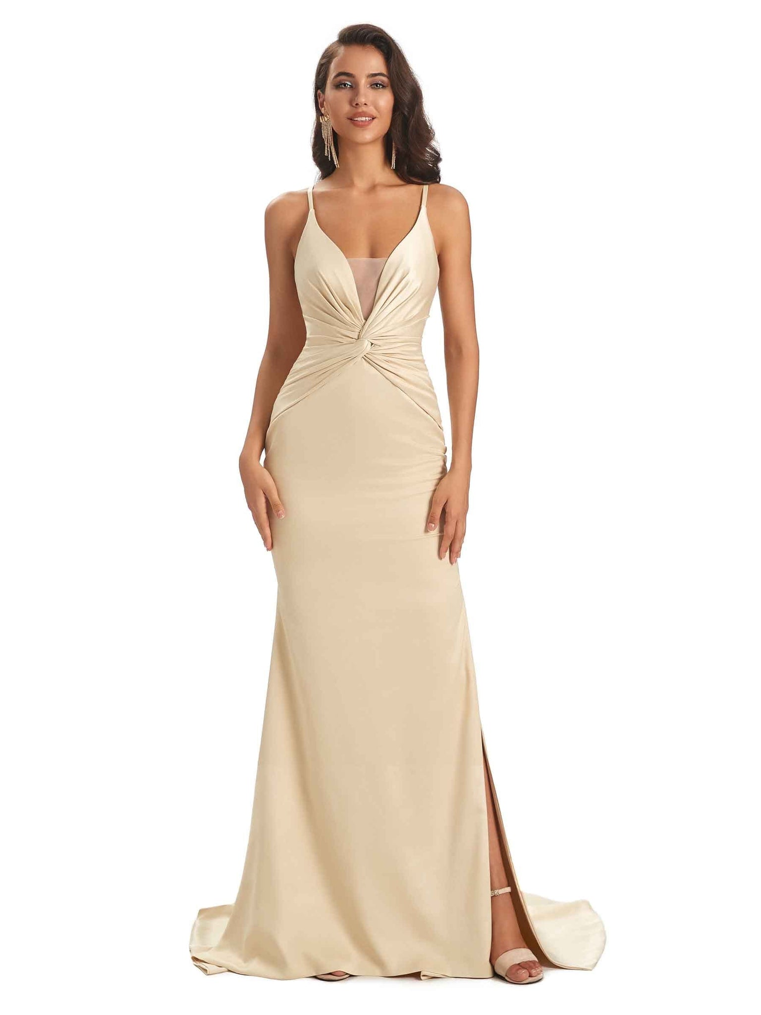 Sexy Silky Satin Side Slit Spaghetti Straps Criss Cross Mermaid Bridesmaid Dresses UK