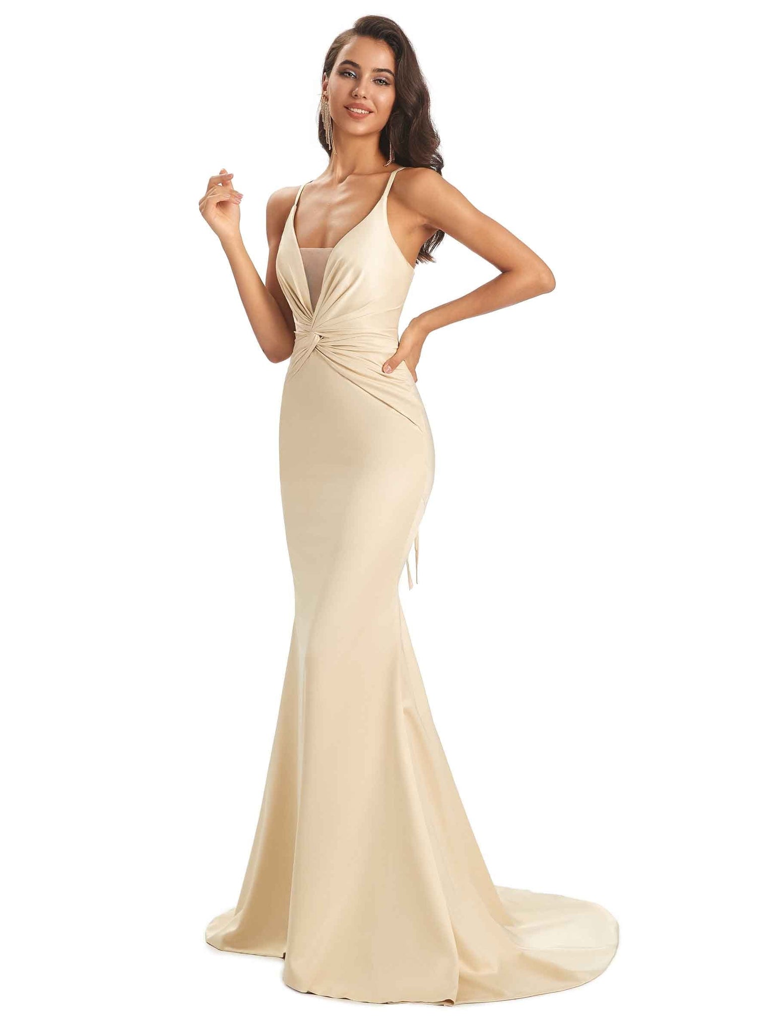 Sexy Soft Satin V-Neck Side Slit Spaghetti Straps Floor-Length Mermaid Prom Dresses