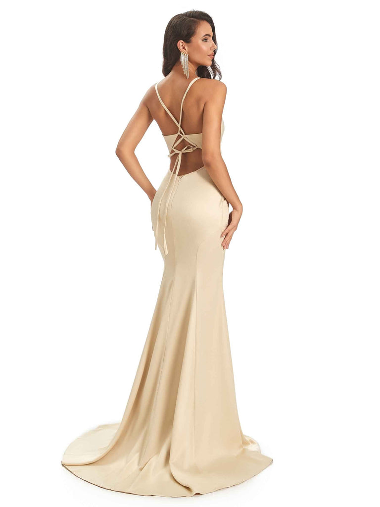 Sexy Soft Satin V-Neck Side Slit Spaghetti Straps Floor-Length Mermaid Prom Dresses