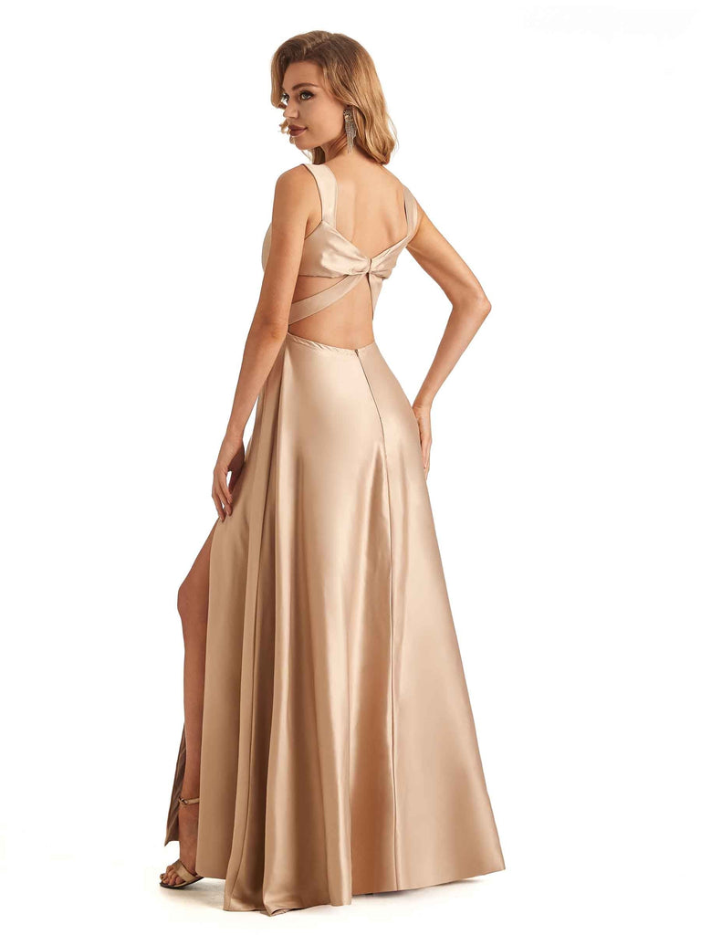 Sexy Soft Satin Side Slit A-Line Floor-Length Bridesmaid Dresses With Bow