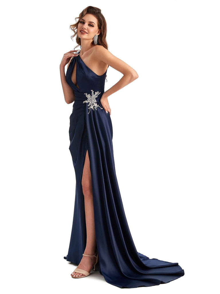 Sexy Side Slit Mermaid Soft Satin One Shoulder Lace Long Bridesmaid Dresses