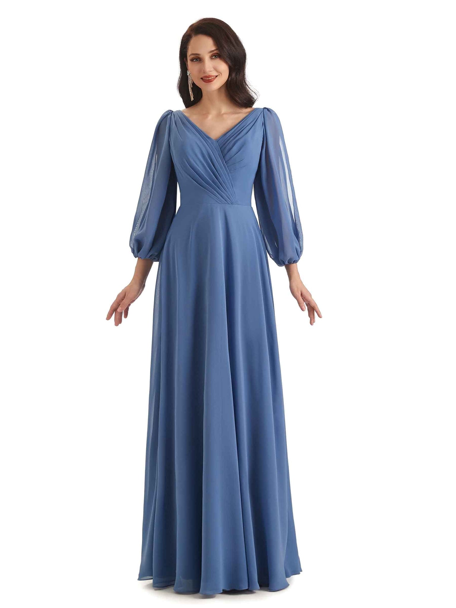 Elegant A-line Chiffon Long Sleeves V-neck Mother of the Bride and Groom Dresses UK