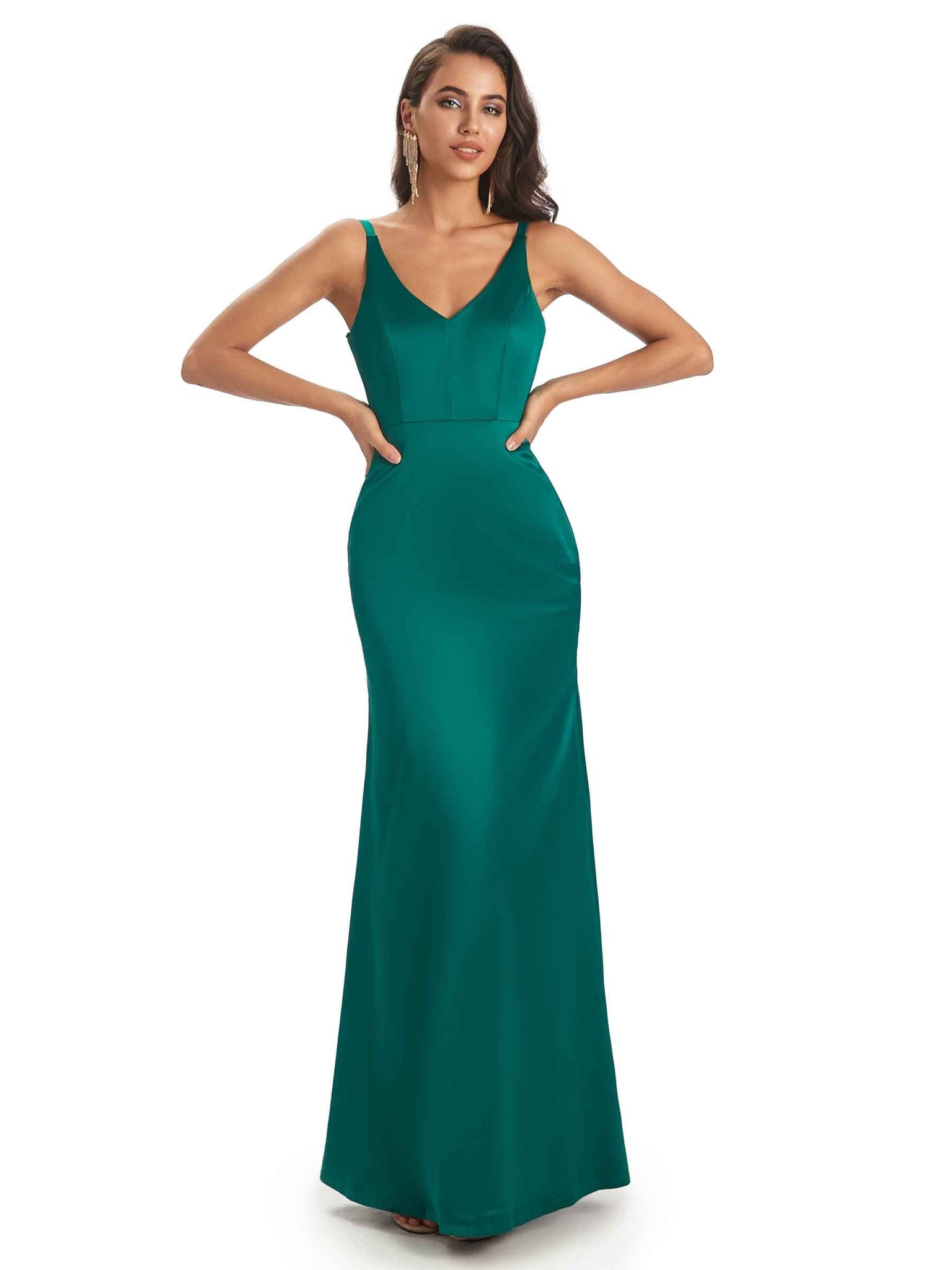 Simple Soft Satin V-Neck Side Slit Long Mermaid Bridesmaid Dresses Online UK