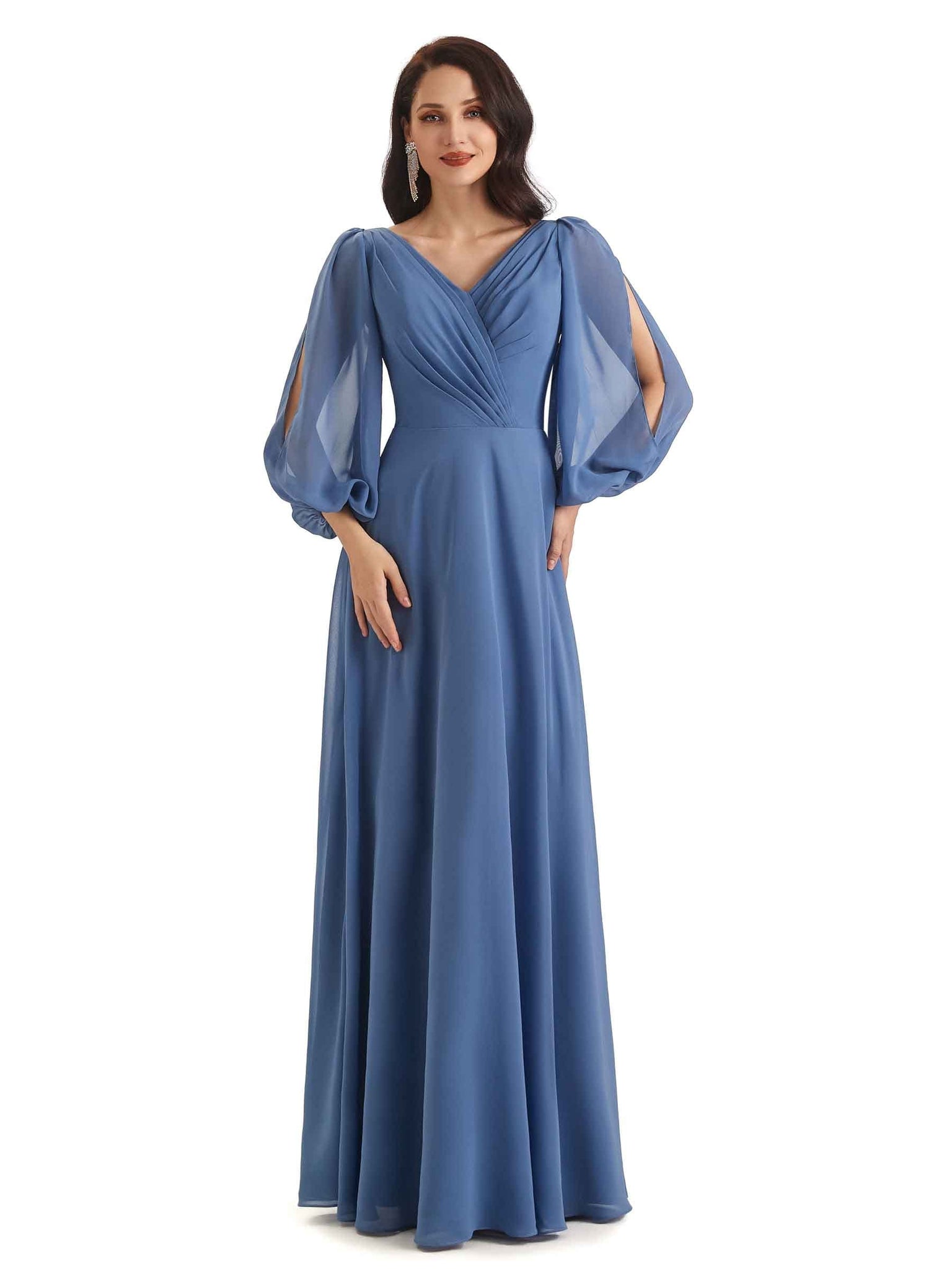 Elegant A-line Chiffon Long Sleeves V-neck Mother of the Bride and Groom Dresses UK