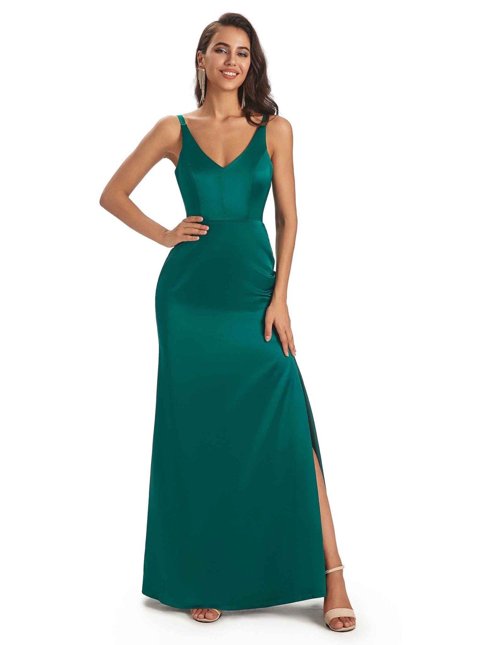 Simple Soft Satin V-Neck Side Slit Long Mermaid Bridesmaid Dresses Online UK