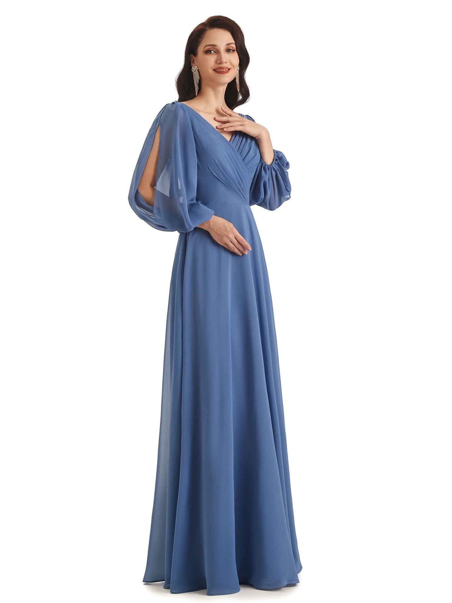 Elegant A-line Chiffon Long Sleeves V-neck Mother of the Bride and Groom Dresses UK