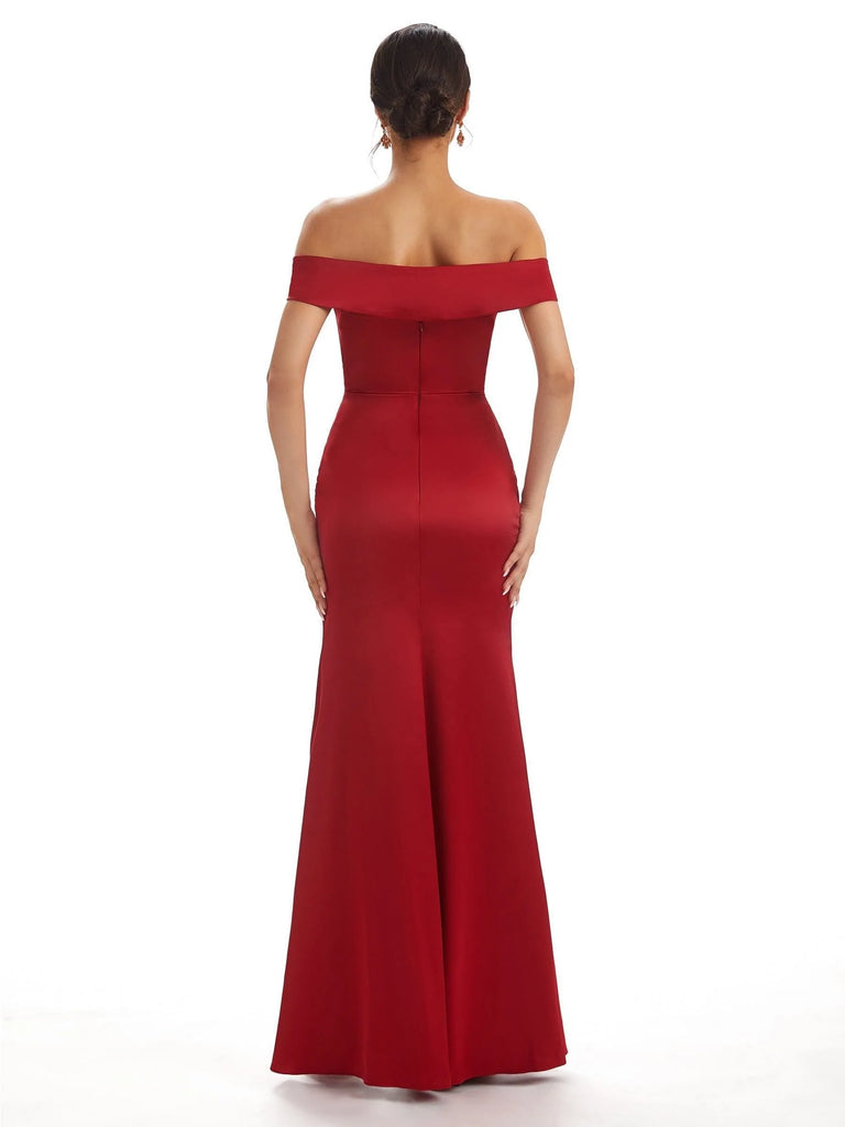Sexy Side Slit Off The Shoulder Mermaid Soft Satin Bridesmaid Dresses UK Online