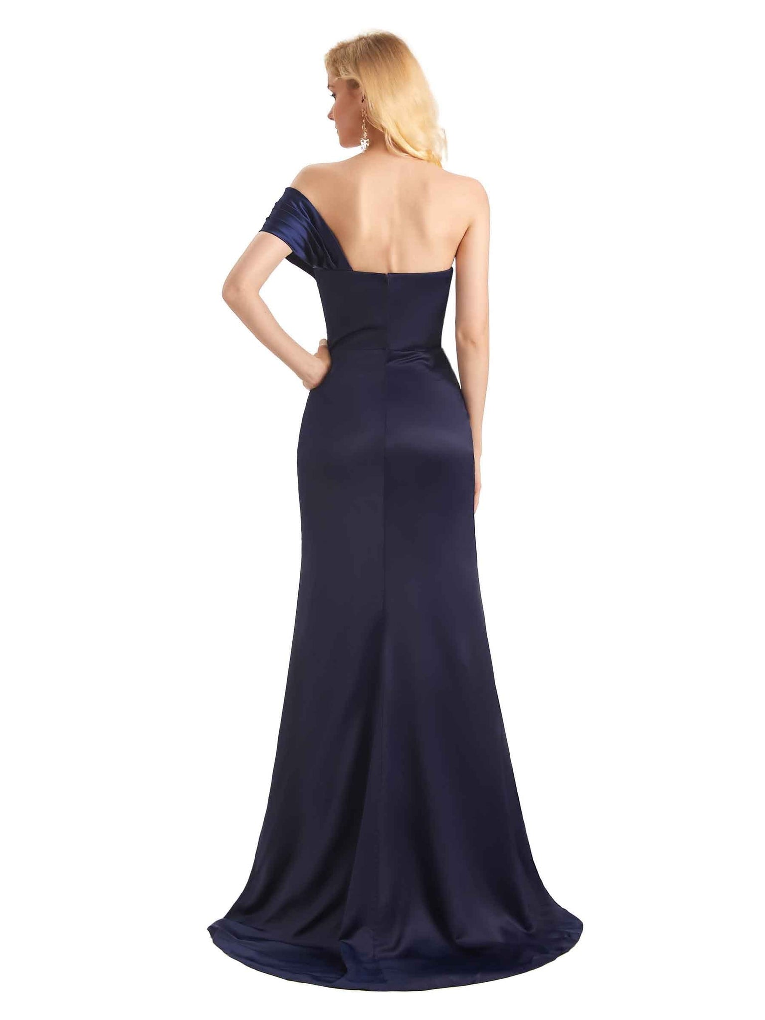 Sexy Side Slit Silky Satin Mermaid One Shoulder Long Wedding Guest Dresses Online