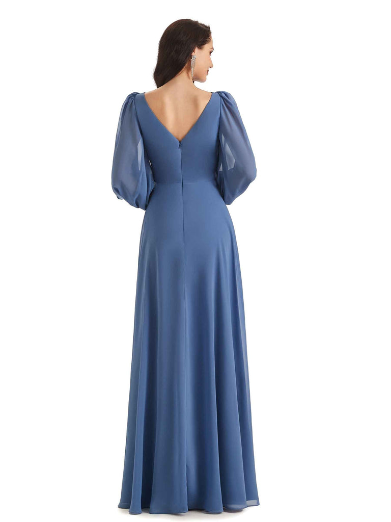 Elegant A-line Chiffon Long Sleeves V-neck Mother of The Groom Outfits