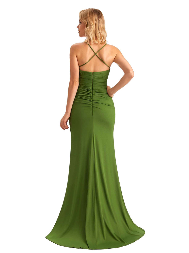 Sexy Side Slit Mermaid Square Stretchy Jersey Long Formal Bridesmaid Dresses UK