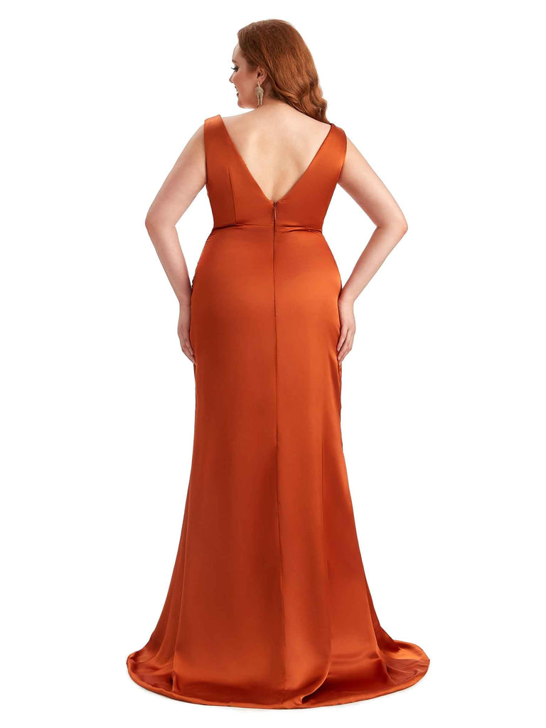Elegant V-neck Side Slit Mermaid Soft Satin Long Plus Size Bridesmaid Dresses UK