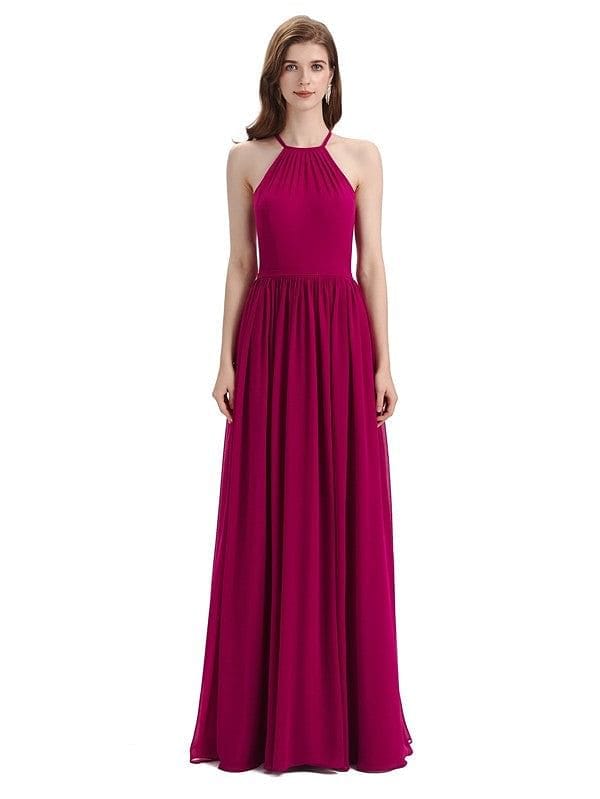 Elegant Chiffon A-line Criss Cross Long Halter Bridesmaid Gowns UK