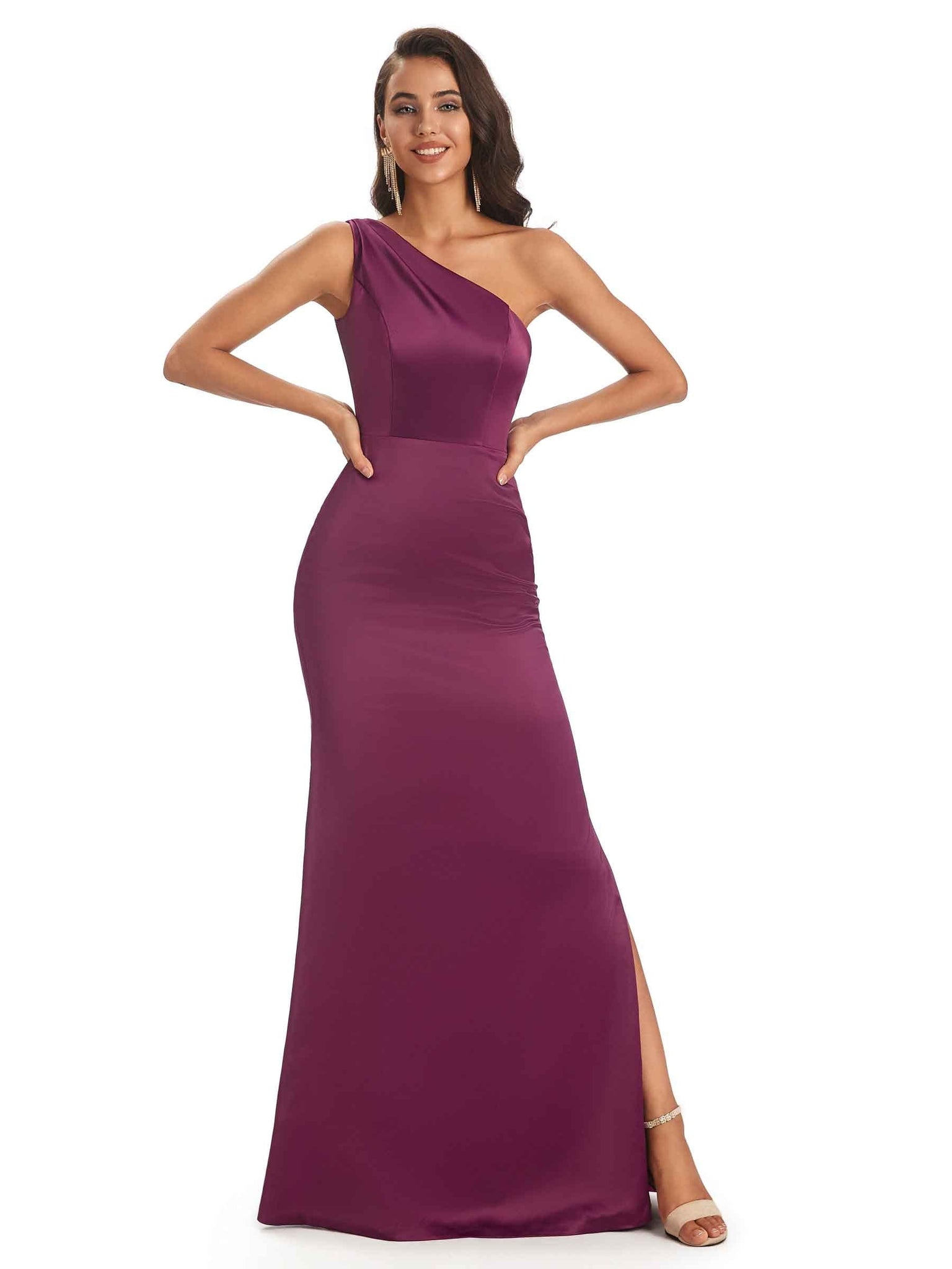 Sexy Soft Satin Side Slit Sheath One Shoulder Floor-Length Mermaid Prom Dresses