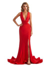 Sexy Mermaid Deep V-Neck Jersey Side-Slit Stretchy Long Bridesmaid Dresses Online