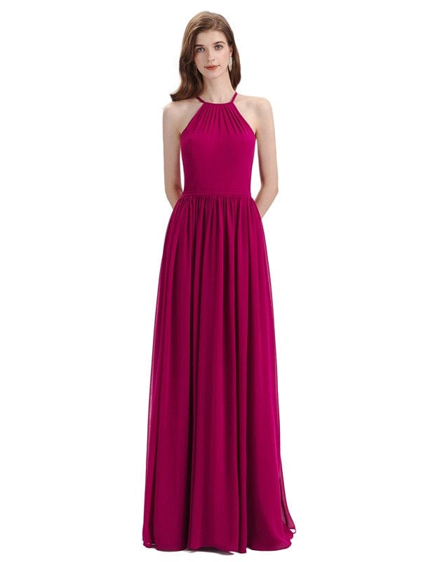 Elegant Chiffon A-line Criss Cross Long Halter Bridesmaid Gowns UK
