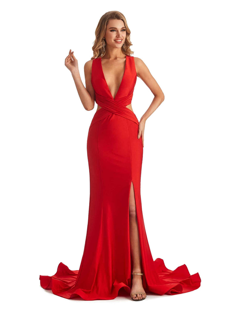 Sexy Mermaid Deep V-Neck Jersey Side-Slit Stretchy Long Bridesmaid Dresses Online