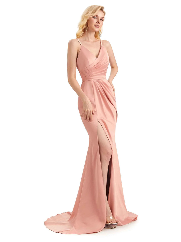 Sexy Side Slit Satin Mermaid V-neck Maxi Long Prom Dresses Online