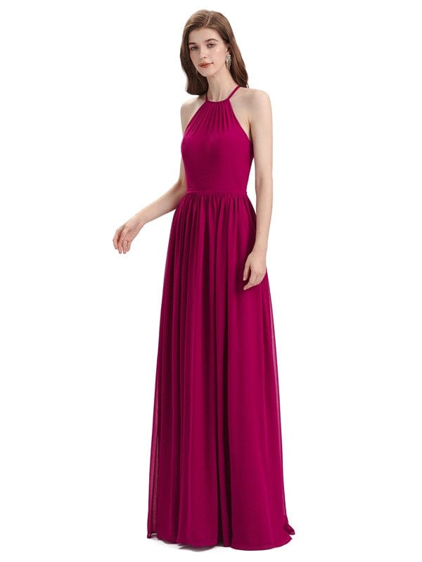 Elegant Chiffon A-line Criss Cross Long Halter Bridesmaid Gowns UK