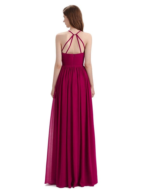 Elegant Chiffon A-line Criss Cross Long Halter Bridesmaid Gowns UK