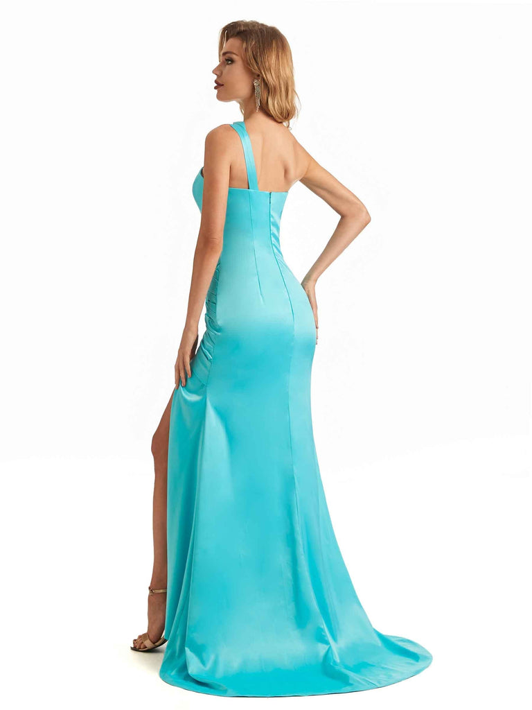Sexy Side Slit Soft Satin Unique Spaghetti Straps Long Mermaid Bridesmaid Dresses Online