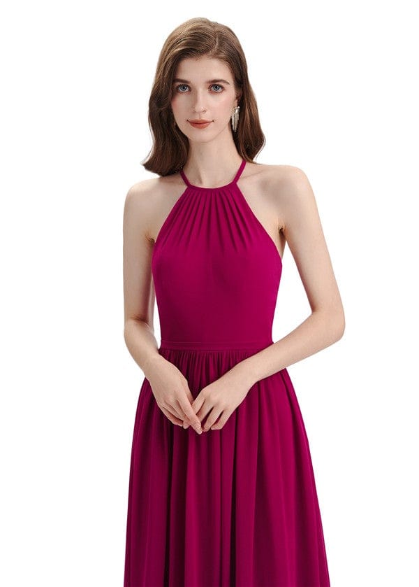 Elegant Chiffon A-line Criss Cross Long Halter Bridesmaid Gowns UK
