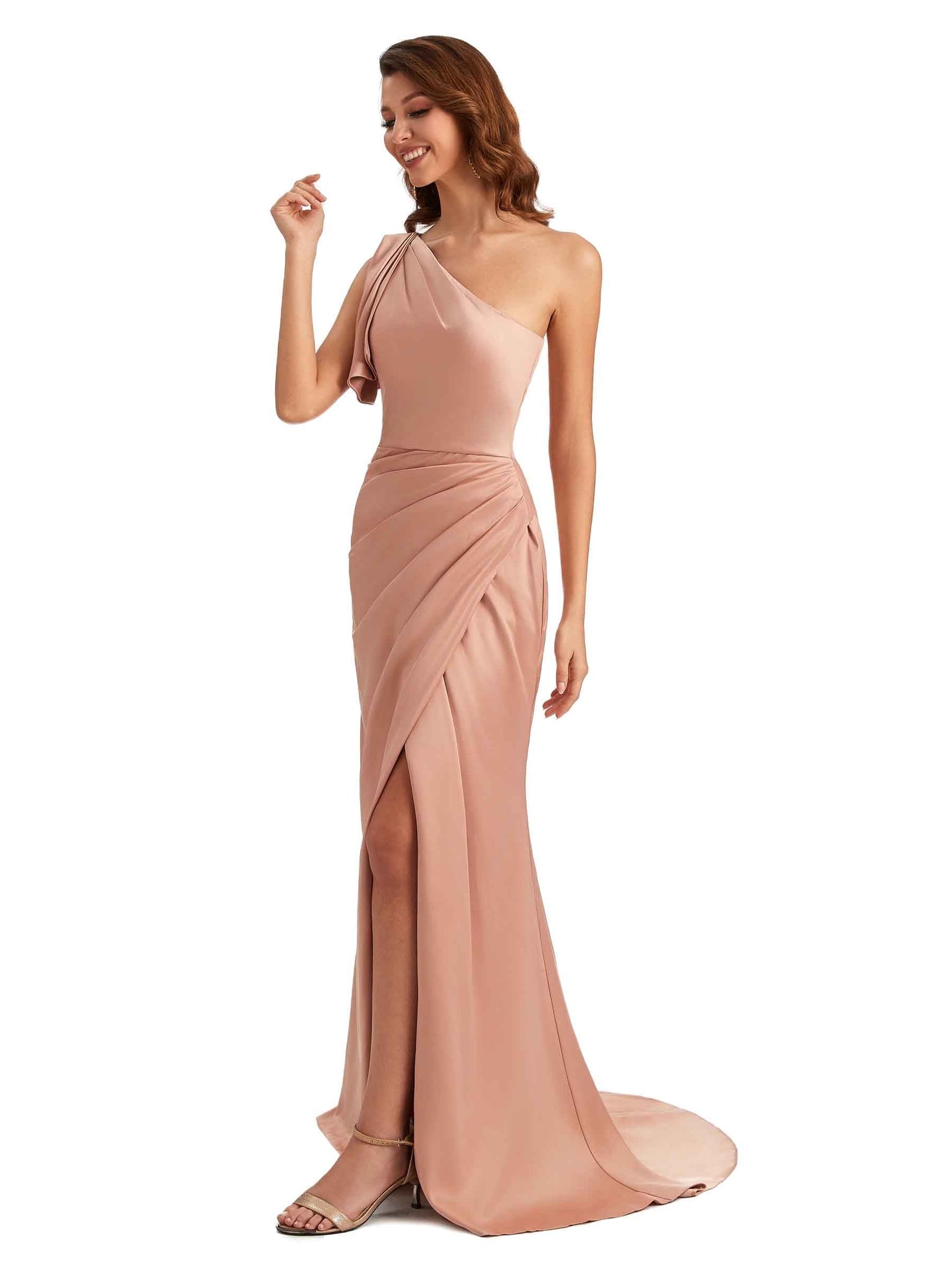 Silky Satin One shoulder Mermaid Long Formal Wedding Bridesmaid Dresses UK