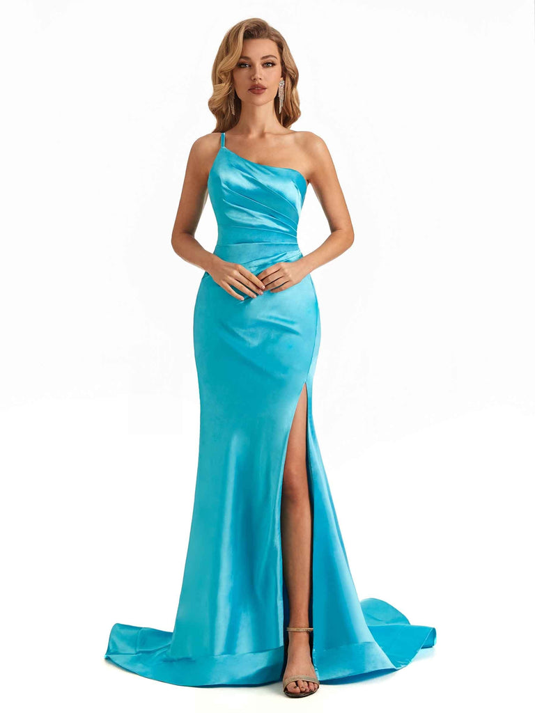 Sexy Side Slit Silky Satin One Shoulder Long Maxi Mermaid Bridesmaid Dresses Online