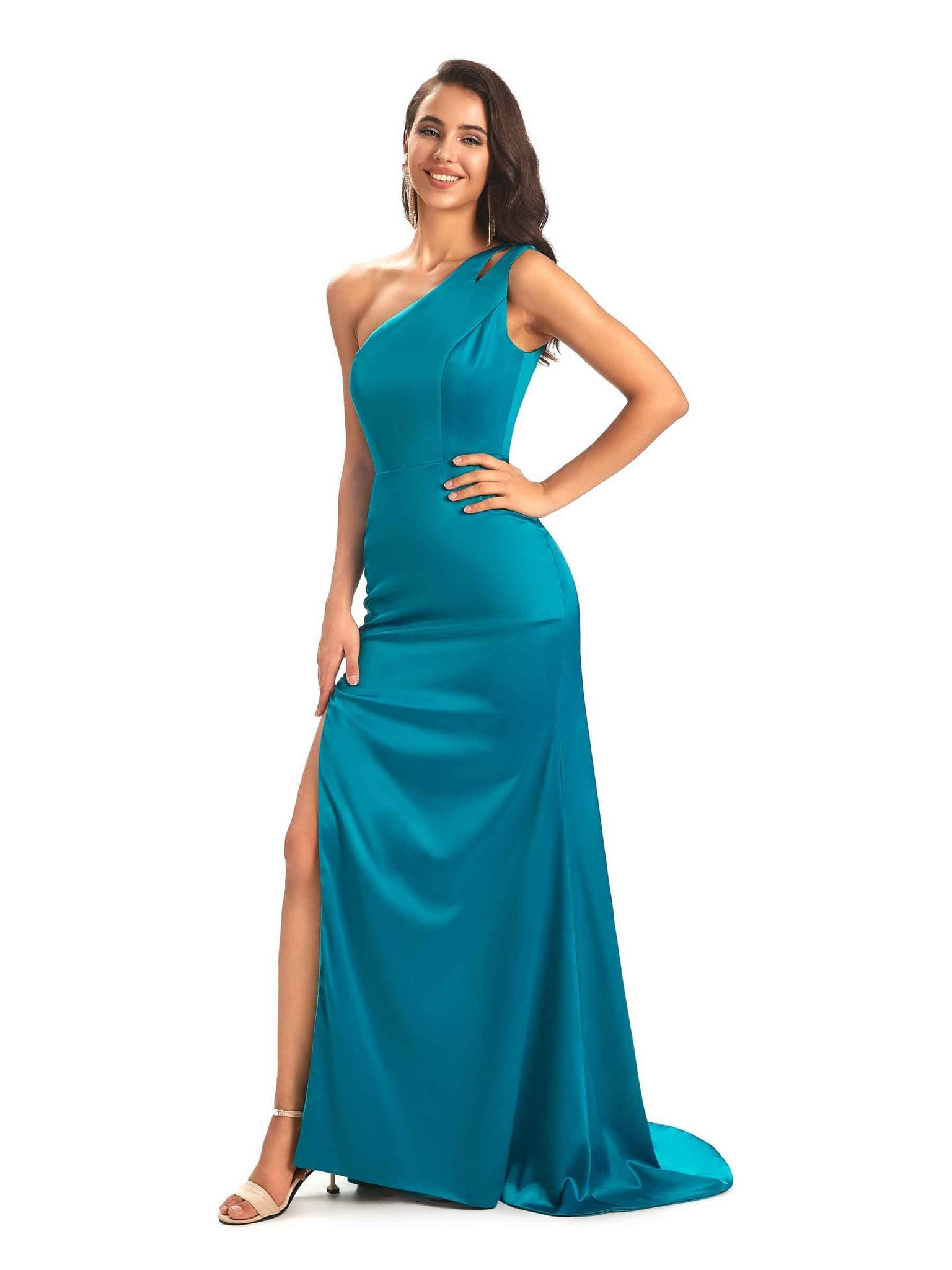 Sexy Soft Satin Side Slit One Shoulder Floor-Length Mermaid Prom Dresses Online