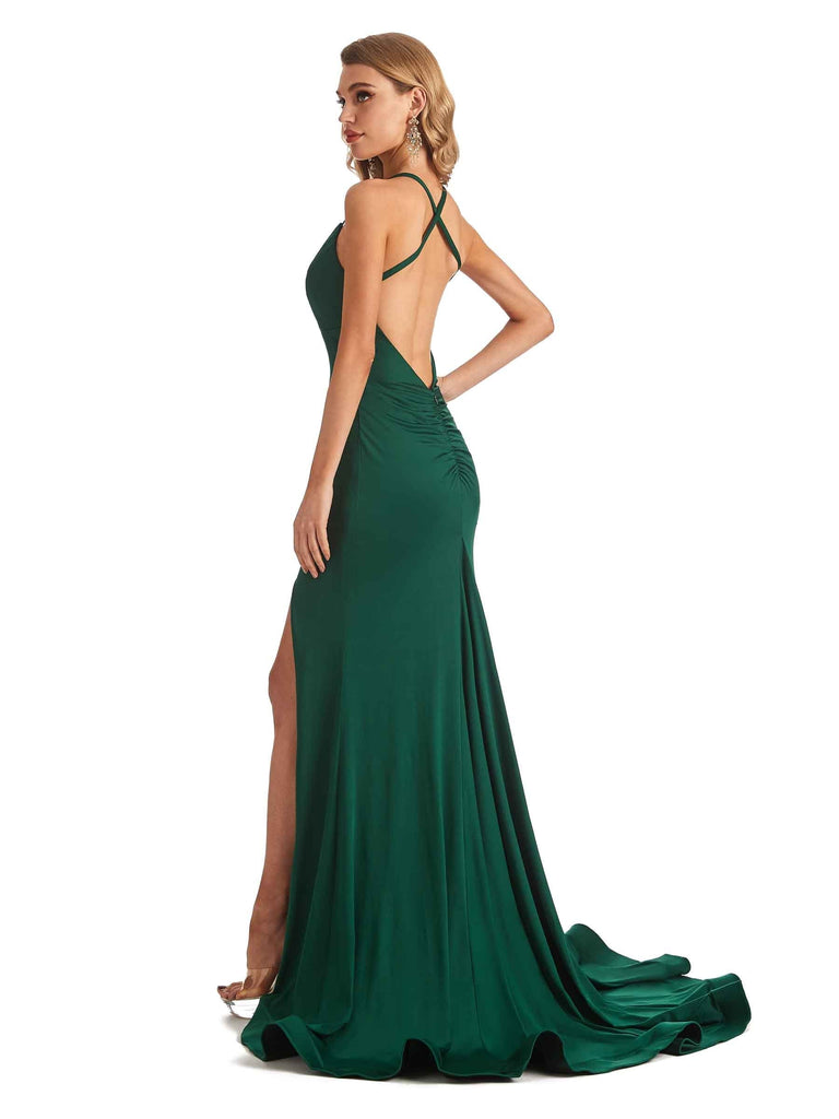Elegant Spaghetti Straps Mermaid Side Slit Stretchy Jersey Long Formal Bridesmaid Dresses