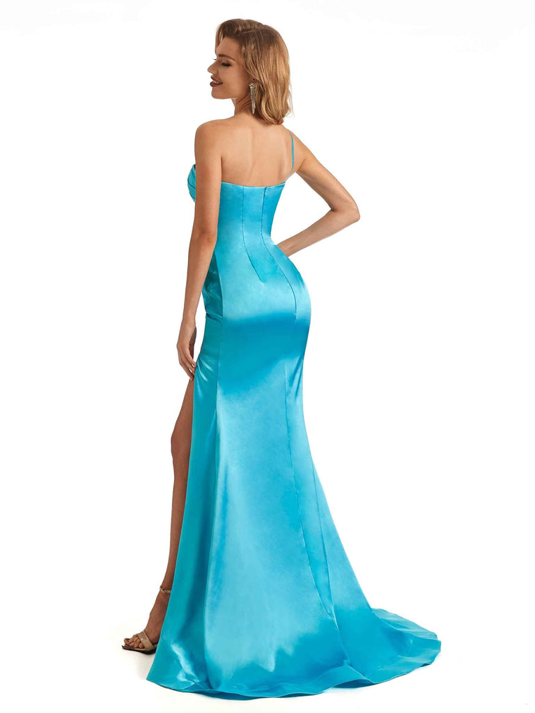 Sexy Side Slit Silky Satin One Shoulder Long Maxi Mermaid Bridesmaid Dresses Online
