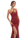 Sexy One Shoulder Soft Satin Spaghetti Strap Side Slit Mermaid Floor-Length Prom Dresses