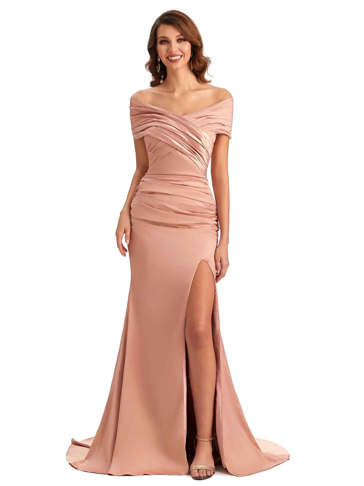 Sexy Side Slit Off The Shoulder Mermaid Satin Long Formal Wedding Bridesmaid Dresses