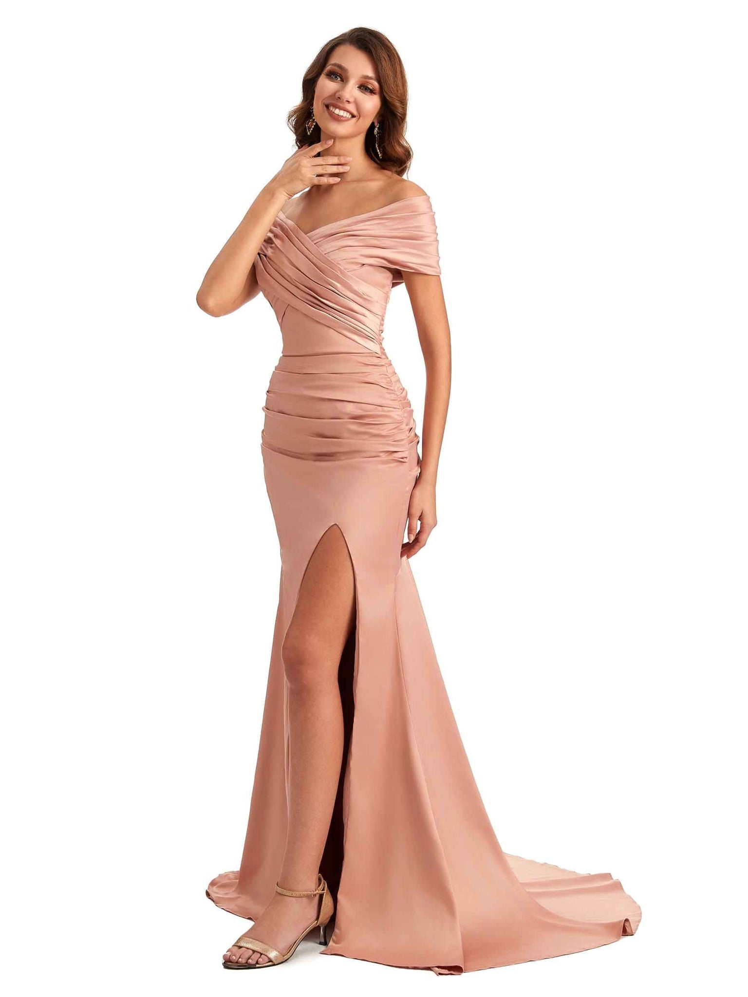 Sexy Side Slit Off The Shoulder Mermaid Satin Long Formal Wedding Bridesmaid Dresses