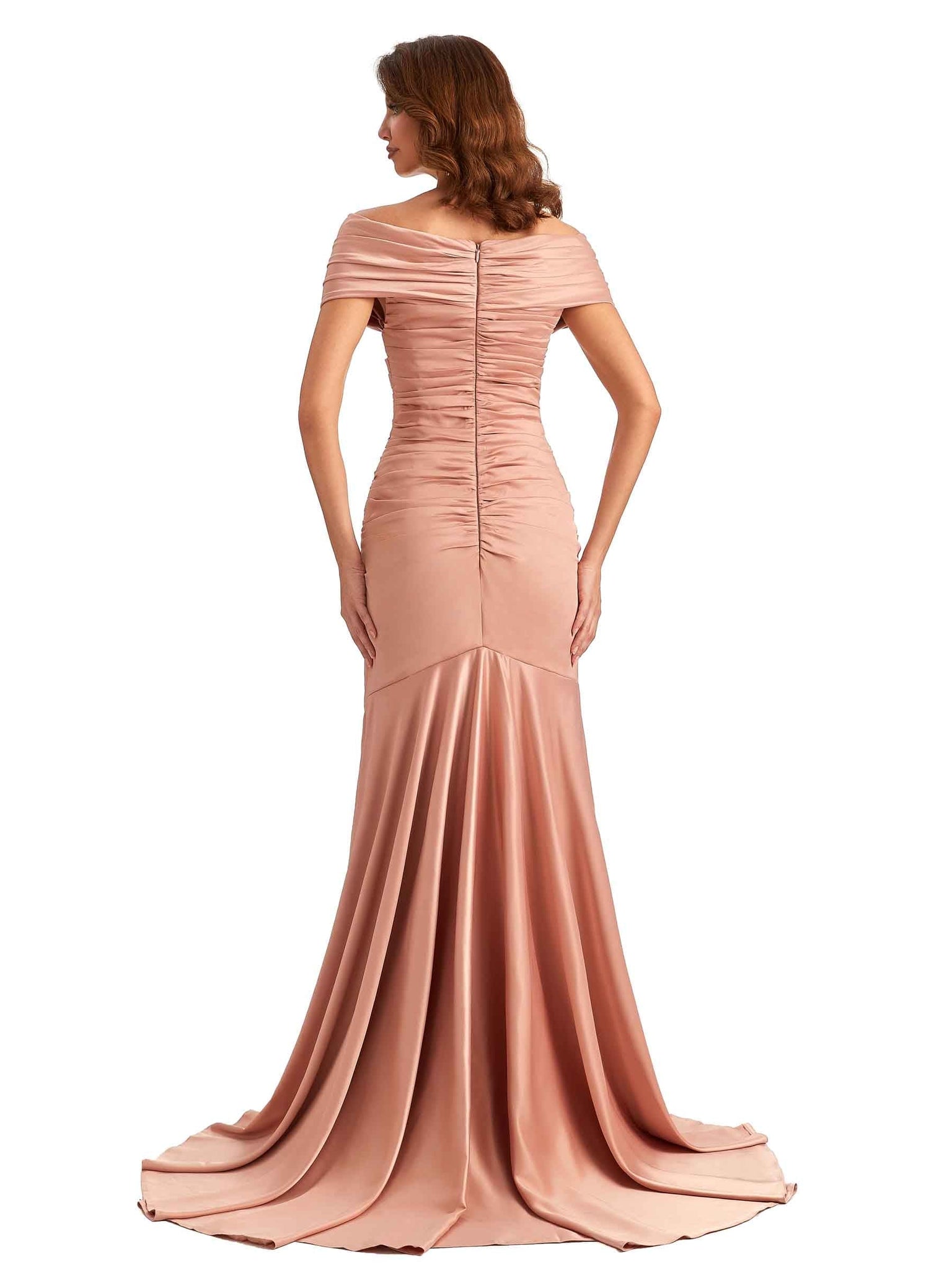 Sexy Side Slit Off The Shoulder Mermaid Satin Long Formal Wedding Bridesmaid Dresses