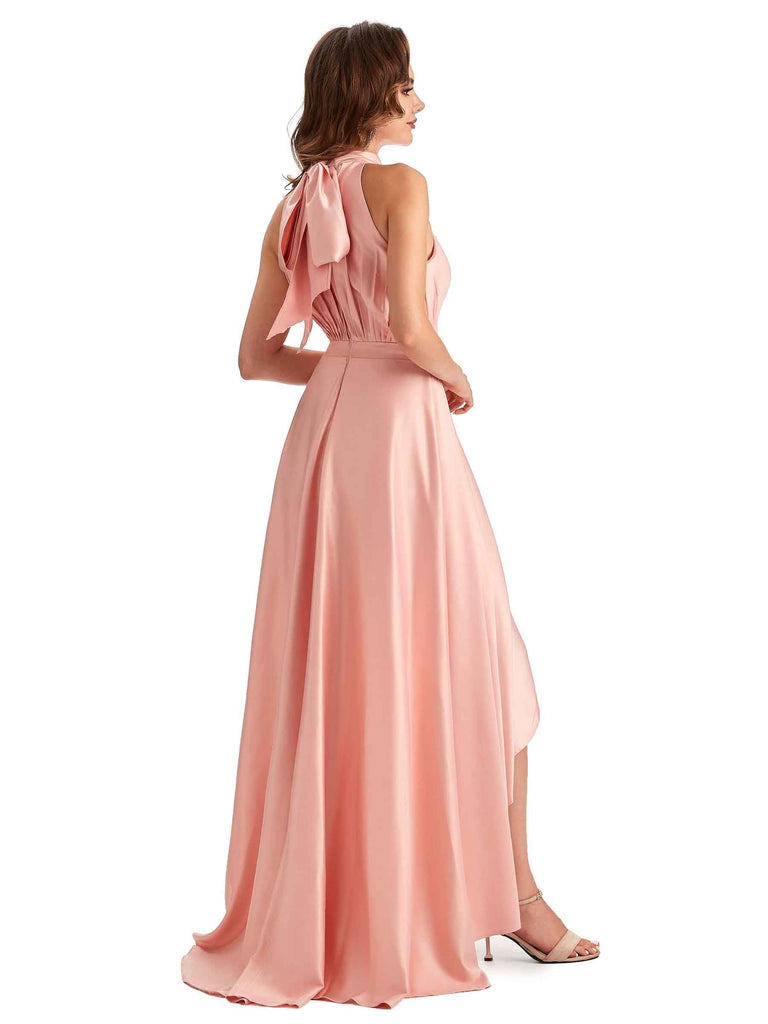 Soft Satin High Neck High Low A-line Modern Bridesmaid Dresses Online