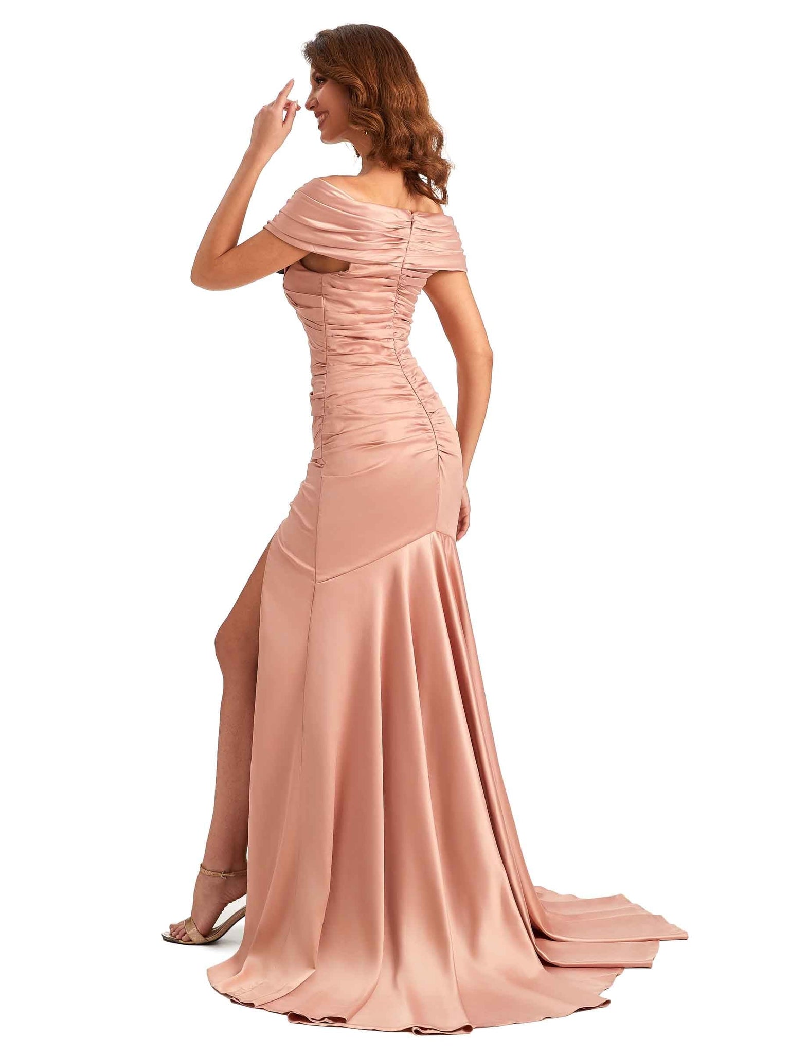 Sexy Side Slit Off The Shoulder Mermaid Satin Long Formal Wedding Bridesmaid Dresses